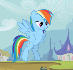 Size: 924x894 | Tagged: safe, derpibooru import, screencap, rainbow dash, pegasus, pony, the mysterious mare do well, cropped, female, flying, hooves on hips, mare, smiling, solo, spread wings, wings