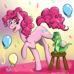 Size: 2000x2000 | Tagged: safe, artist:alexispaint, gummy, pinkie pie, earth pony, pony, balloon, party, streamers