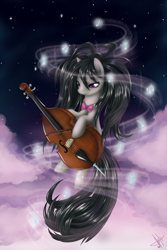 Size: 2000x3000 | Tagged: safe, artist:1jaz, octavia melody, earth pony, pony, alternate hairstyle, cello, female, floating, high res, mare, musical instrument, sky, solo