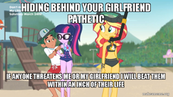 Size: 800x449 | Tagged: safe, edit, edited screencap, screencap, sci-twi, sunset shimmer, timber spruce, twilight sparkle, better together, equestria girls, unsolved selfie mysteries, beach, clothes, edgy, equestria girls drama, female, geode of empathy, geode of telekinesis, implied shipping, implied straight, implied timbertwi, internet tough guy, lifeguard timber, magical geodes, meme, op is a cuck, op is a tough guy, op is trying to start shit, shorts, timber spruce drama