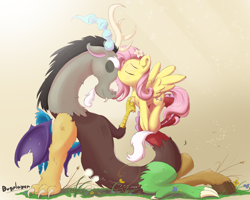 Size: 5000x4000 | Tagged: safe, artist:bugplayer, discord, fluttershy, draconequus, pegasus, pony, discoshy, eyes closed, female, flower in hair, fluffy, kissing, male, mare, shipping, straight