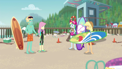 Size: 1920x1080 | Tagged: safe, derpibooru import, screencap, applejack, fluttershy, rainbow dash, zephyr breeze, better together, blue crushed, equestria girls, arms, bare chest, barefoot, clothes, feet, flip-flops, male, sandals, shorts, sunglasses, surfboard, swimming trunks, swimsuit, toes, wetsuit, zephyr's necklace