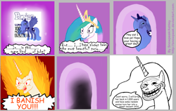 Size: 1471x932 | Tagged: safe, artist:snowpeak, princess celestia, princess luna, alicorn, pony, abuse, comic, lunabuse, meme, s1 luna, trollestia, trollface, what a jerk