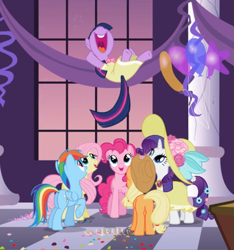 Size: 829x887 | Tagged: safe, derpibooru import, screencap, applejack, fluttershy, pinkie pie, rainbow dash, rarity, twilight sparkle, unicorn twilight, earth pony, pegasus, pony, unicorn, sweet and elite, balloon, clothes, confetti, cropped, cute, dashabetes, diapinkes, dress, female, hat, looking up, mane six, mare, midair, nose in the air, open mouth, party, raised hoof, raribetes, shyabetes, smiling, twiabetes, uvula