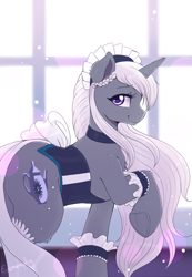 Size: 1635x2368 | Tagged: safe, artist:evomanaphy, oc, oc only, oc:lilia, pony, unicorn, beautiful, bedroom eyes, chest fluff, choker, clothes, collar, corset, cute, ear fluff, eyelashes, female, frog (hoof), hat, horn, looking at you, maid, maid headdress, mare, ocbetes, raised hoof, side view, signature, smiling, socks, solo, standing, thigh highs, underhoof, window