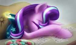 Size: 1176x700 | Tagged: safe, artist:rainspeak, starlight glimmer, sunburst, unicorn, female, implied sunburst, male, shipping, sleeping, solo, starburst, straight, tired