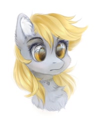 Size: 733x942 | Tagged: safe, artist:vird-gi, derpy hooves, pegasus, pony, bust, cheek fluff, chest fluff, choker, collar, cute, derpabetes, ear fluff, female, fluffy, mare, portrait, simple background, solo, white background