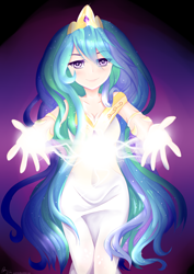 Size: 2894x4093 | Tagged: safe, artist:aunmoon, princess celestia, human, belly button, clothes, dress, eye clipping through hair, female, hug request, humanized, looking at you, magic, smiling, solo