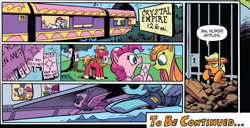 Size: 775x397 | Tagged: safe, artist:andypriceart, derpibooru import, idw, apple bloom, applejack, big macintosh, pinkie pie, rainbow dash, rarity, scootaloo, spike, sweetcream scoops, sweetie belle, zecora, dragon, earth pony, pegasus, pony, unicorn, zebra, spoiler:comic, spoiler:comic75, applejack's hat, background pony, book, cage, clothes, cowboy hat, cutie mark, cutie mark crusaders, eyes closed, female, filly, floppy ears, flying, freckles, frown, hat, hoof hold, jail, keyhole, leaning, lidded eyes, male, mare, missing accessory, mouth hold, open mouth, plane, pointing, poster, raised eyebrow, reading, sign, sleeping, speech bubble, spread wings, stallion, stuck, sunglasses, train, unamused, underhoof, uniform, wat, wide eyes, window, wings, zzz