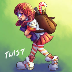 Size: 600x600 | Tagged: safe, artist:ninjaham, twist, human, backpack, candy, candy cane, clothes, female, food, humanized, socks, solo, striped socks, striped stockings