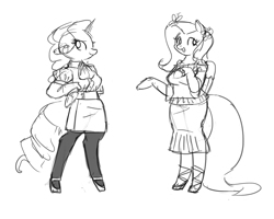 Size: 1000x800 | Tagged: safe, artist:king-kakapo, fluttershy, rarity, anthro, arm hooves, clothes, monochrome, pantyhose, ribbon, simple background, sketch, skirt, sweater, sweatershy