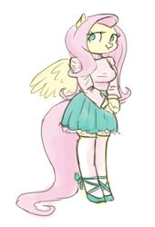 Size: 681x1000 | Tagged: safe, artist:king-kakapo, fluttershy, anthro, arm hooves, breasts, clothes, female, kneesocks, simple background, skirt, socks, solo, stockings, sweater, sweatershy, zettai ryouiki