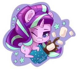 Size: 400x365 | Tagged: dead source, safe, artist:batonya12561, starlight glimmer, pony, unicorn, chibi, cute, ear fluff, empathy cocoa, female, food, glimmerbetes, mare, marshmallow, mug, solo