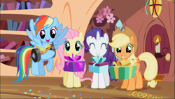 Size: 1669x938 | Tagged: safe, derpibooru import, screencap, applejack, fluttershy, rainbow dash, rarity, earth pony, pegasus, pony, unicorn, secret of my excess, barbell, cute, dashabetes, eyes closed, female, flying, golden oaks library, group, jackabetes, mare, mouth hold, open mouth, present, quartet, raribetes, shyabetes, smiling, spread wings, weights, wings