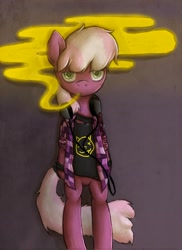 Size: 2550x3509 | Tagged: dead source, safe, artist:lonelycross, cheerilee, semi-anthro, '90s, 90s cheerilee, bipedal, clothes, female, grunge, headphones, high res, looking at you, mare, nirvana, smoke, solo