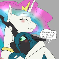 Size: 1024x1013 | Tagged: safe, artist:backlash91, princess celestia, queen chrysalis, alicorn, changeling, changeling queen, pony, banana, bananalestia, blushing, chryslestia, cute, cutealis, cutelestia, eyes closed, fangs, female, floppy ears, fluffy, food, frown, gray background, grin, hug, jewelry, lesbian, mare, neck nuzzle, nuzzling, regalia, shipping, simple background, smiling, thought bubble, wide eyes