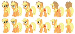 Size: 2895x1346 | Tagged: safe, artist:aleximusprime, applejack, earth pony, pony, hatless, missing accessory, reference sheet, solo, turnaround