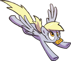 Size: 462x395 | Tagged: safe, artist:pencils, edit, idw, derpy hooves, pony, cropped, flying, letter, mouth hold, simple background, solo, transparent background