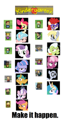 Size: 928x1602 | Tagged: safe, apple bloom, cheerilee, cozy glow, derpy hooves, diamond tiara, granny smith, mr. waddle, princess celestia, scootaloo, snails, sweetie belle, twist, wind sprint, alicorn, earth pony, pegasus, pony, unicorn, exploitable meme, foal, kindergarten, kindergarten (game), make it happen, meme