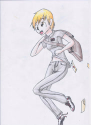 Size: 2089x2871 | Tagged: safe, artist:hanaatori, derpy hooves, human, humanized, mail, short hair, shoulder bag, solo, traditional art