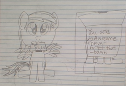 Size: 668x458 | Tagged: safe, artist:nightshadowmlp, derpibooru import, rainbow dash, human, pegasus, pony, :3, cute, dashabetes, female, filly, filly rainbow dash, hand, lined paper, mouth hold, paper, positive ponies, text, traditional art, younger