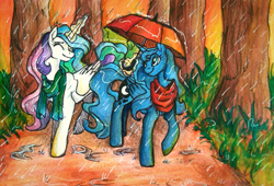 Size: 991x673 | Tagged: source needed, safe, artist:buttersprinkle, princess celestia, princess luna, alicorn, pony, autumn, clothes, park, rain, scarf, traditional art, umbrella