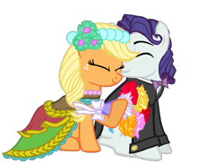 Size: 967x705 | Tagged: safe, artist:dilemmas4u, applejack, elusive, rarity, earth pony, pony, unicorn, alternate hairstyle, applelusive (straight), bouquet, bowtie, clothes, dress, female, half r63 shipping, male, rarijack, rule 63, shipping, show accurate, simple background, straight, transparent background