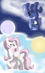 Size: 1200x1920 | Tagged: safe, artist:theroyalprincesses, princess celestia, princess luna, alicorn, pony, cewestia, cloud, cute, day, duo, female, filly, moon, night, night sky, pink-mane celestia, raised hoof, request, royal sisters, sisters, sky, split screen, stars, sun, tangible heavenly object, upside down, woona, younger