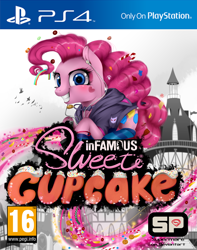 Size: 2046x2598 | Tagged: safe, artist:supermare, pinkie pie, earth pony, pony, box art, clothes, cover, crossover, earbuds, hoodie, infamous, infamous second son, parody, playstation, playstation 4, ponyville, socks, video game