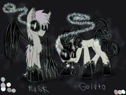 Size: 1600x1200 | Tagged: safe, artist:didun850, derpibooru import, oc, oc only, oc:gelato, oc:rusk, earth pony, pony, black sclera, chest fluff, claws, dark background, duo, earth pony oc, glowing horn, horn, possessed, reference sheet, slit eyes, sombra eyes, tentacle tail, tentacle tongue, tentacles