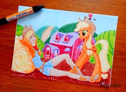 Size: 800x583 | Tagged: safe, artist:letquestria, artist:ltiachan, applejack, human, duality, human ponidox, humanized, promarker, solo, sweet apple acres, traditional art