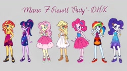 Size: 1200x675 | Tagged: safe, artist:kora kosicka, applejack, fluttershy, pinkie pie, rainbow dash, rarity, sci-twi, sunset shimmer, twilight sparkle, better together, equestria girls, spring breakdown, bare shoulders, beautiful, clothes, concept art, devil horn (gesture), dress, female, glasses, humane five, humane seven, humane six, sandals, sleeveless, strapless