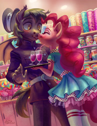 Size: 2160x2777 | Tagged: safe, artist:holivi, pinkie pie, oc, oc:romuald nocturne, anthro, bat pony, earth pony, anthro oc, bat pony oc, candy, candy shop, canon x oc, clothes, commission, cup, cupcake, drink, eyes closed, female, food, glass, hat, kissing, lollipop, male, milkshake, pants, signature, skirt, smiling, socks, stockings, straight, suit, thigh highs, tray, uniform, zettai ryouiki