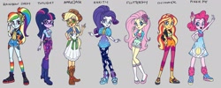 Size: 1920x765 | Tagged: safe, artist:kora kosicka, applejack, fluttershy, pinkie pie, rainbow dash, rarity, sci-twi, sunset shimmer, twilight sparkle, better together, equestria girls, boots, clothes, concept art, cowboy hat, devil horn (gesture), dress, female, glasses, hat, high heel boots, humane five, humane seven, humane six, music festival, pantyhose, ponytail, shoes, shorts, skirt, stetson