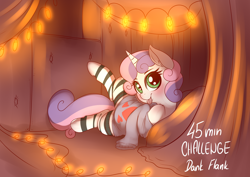 Size: 2480x1754 | Tagged: safe, artist:dankflank, sweetie belle, pony, unicorn, 30 minute art challenge, blushing, clothes, cute, female, filly, fort, lights, pillow, pillow fort, socks, solo, striped socks, sweater, thigh highs, tongue out