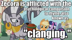 Size: 960x540 | Tagged: safe, applejack, twilight sparkle, zecora, earth pony, pony, zebra, clang, clanging, headcanon, image macro, meme, rhyme, text