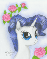 Size: 2383x3000 | Tagged: safe, artist:mariafauna, rarity, pony, unicorn, alternate hairstyle, flower, rose, signature, solo, traditional art