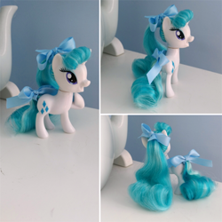 Size: 600x600 | Tagged: safe, artist:egophiliac, rarity, pony, unicorn, alternate hairstyle, bow, brushable, custom, female, irl, mare, open mouth, photo, raised hoof, rehaired, solo, standing, toy