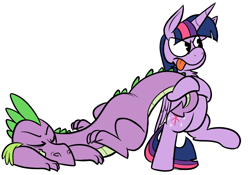 Size: 1000x700 | Tagged: safe, artist:karpet-shark, derpibooru import, spike, twilight sparkle, twilight sparkle (alicorn), alicorn, dragon, pony, :p, bipedal, eyes closed, female, mare, older, pulling, sleeping, tail, tail pull, tongue out, twily-daily