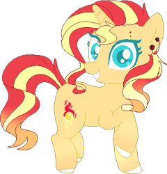 Size: 377x392 | Tagged: safe, artist:dashkatortik12222222, sunset shimmer, pony, unicorn, alternate cutie mark, alternate design, beautiful, colored hooves, ear piercing, earring, female, jewelry, looking at you, mare, piercing, raised hoof, redesign, simple background, smiling, solo, transparent background