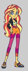 Size: 267x683 | Tagged: safe, alternate version, artist:kora kosicka, sunset shimmer, better together, equestria girls, alternate costumes, clothes, feet, female, geode of empathy, looking at you, magical geodes, midriff, pants, sandals, smiling, solo