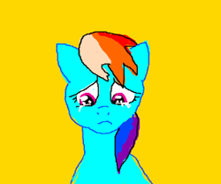 Size: 300x250 | Tagged: safe, derpibooru import, rainbow dash, pegasus, pony, crying, female, mare, simple background, solo, yellow background