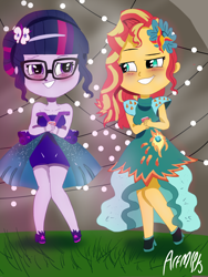 Size: 1800x2400 | Tagged: safe, artist:artmlpk, sci-twi, sunset shimmer, twilight sparkle, equestria girls, legend of everfree, blushing, chibi, clothes, cute, dress, drink, duo, female, lights, shimmerbetes, smiling, twiabetes