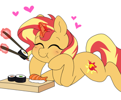 Size: 1236x1024 | Tagged: safe, artist:littlebibbo, derpibooru exclusive, sunset shimmer, pony, unicorn, blushing, chopsticks, cute, food, glowing horn, heart, horn, lying down, magic, shimmerbetes, smiling, solo, sushi