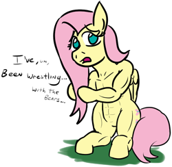 Size: 730x712 | Tagged: safe, artist:jargon scott, fluttershy, pegasus, pony, dialogue, muscles, muscleshy, solo