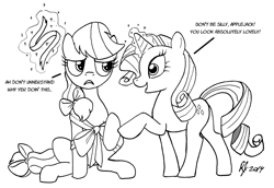 Size: 2586x1779 | Tagged: safe, artist:arrjaysketch, applejack, rarity, earth pony, pony, unicorn, bow, duo, magic, monochrome, ribbon, telekinesis