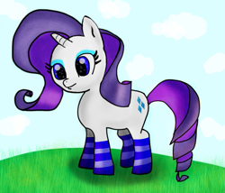 Size: 933x800 | Tagged: safe, artist:cabrony, derpibooru exclusive, rarity, pony, unicorn, clothes, cloud, cloudy, grass, socks, solo, striped socks