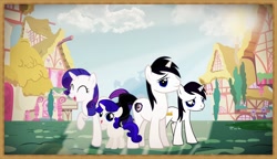 Size: 1982x1142 | Tagged: safe, artist:barrfind, rarity, oc, oc:amicus, oc:barrfind, oc:silver, pony, unicorn, canon x oc, cutie mark, family, female, male, offspring, parent:oc:barrfind, parent:rarity, parents:canon x oc, ponyville, rarifind, shipping, smiling, straight, vector