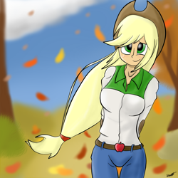 Size: 1024x1024 | Tagged: safe, artist:megajack, applejack, equestria girls, autumn, blushing