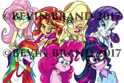 Size: 864x576 | Tagged: safe, artist:bevin brand, applejack, fluttershy, pinkie pie, rainbow dash, rarity, sci-twi, sunset shimmer, twilight sparkle, equestria girls, legend of everfree, faic, funny face, humane five, humane seven, humane six, obtrusive watermark, official fan art, watermark